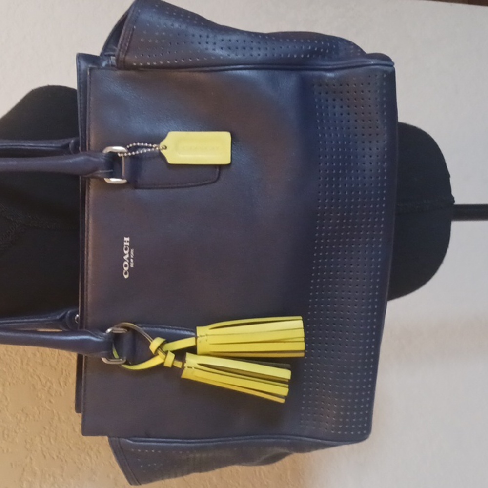 Coach Y2k Legacy Carryall Navy Blue Tote Bag with Yellow Accents/tassels - Picture 2 of 15